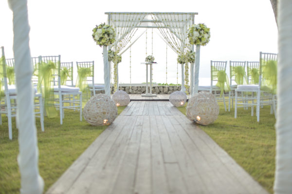 Wedding setting on the garden.Floral arrangement at a wedding ceremony